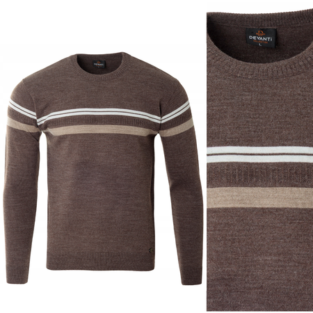 Sweter męski z okrągłym dekoltem brązowy wzór pasy wełniany klasyczny - Devanti