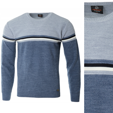 Sweter męski z okrągłym dekoltem wełniany niebiesko-błękitny pasy klasyczny - Devanti