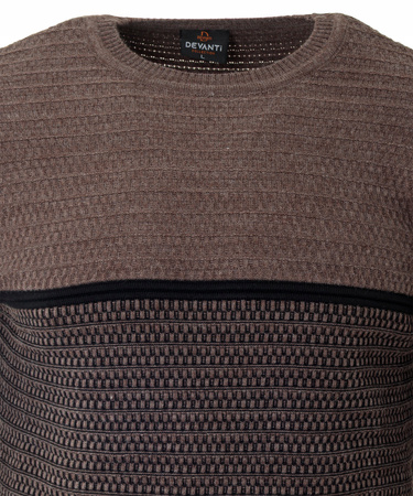 Sweter męski z okrągłym dekoltem ciemno-brązowy wzór geometryczny pasy wełniany klasyczny - Devanti