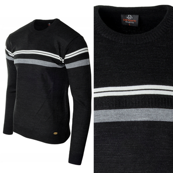 Sweter męski z okrągłym dekoltem czarny wzór pasy wełniany klasyczny - Devanti