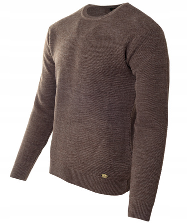 Sweter męski z okrągłym dekoltem ciemno-brązowy wełniany klasyczny - Devanti