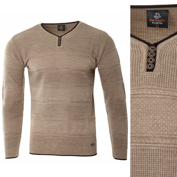 Sweter męski z okrągłym dekoltem krótkie zapięcie na guziki beżowy pasy klasyczny - Devanti