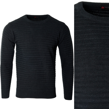 Sweter męski z okrągłym dekoltem pod szyję czarny pasy wełniany klasyczny ciepły - Reymo