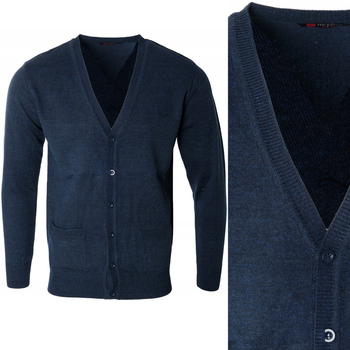 Sweter męski kardigan zapinany na guziki jesienny V-dekolt granatowy gładki wełniany - Reymo