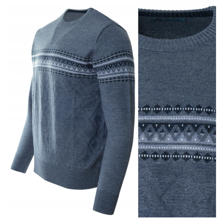 Sweter męski z okrągłym dekoltem niebieski wzór pasy wełna klasyczny - Devir