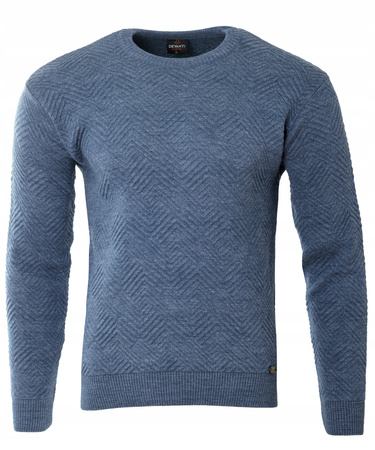 Sweter męski z okrągłym dekoltem niebieski wzór wełniany klasyczny - Devanti