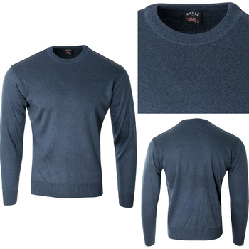 Sweter męski z okrągłym dekoltem wełniany ciemno-niebieski gładki klasyczny - Devir