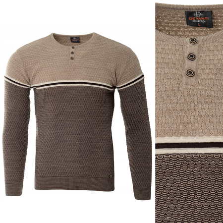 Sweter męski z okrągłym dekoltem krótkie zapięcie na guziki brązowy klasyczny - Devanti