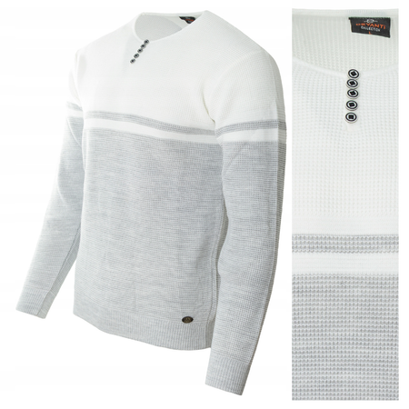 Sweter męski z okrągłym dekoltem z guzikami szaro-popielaty klasyczny - Devanti