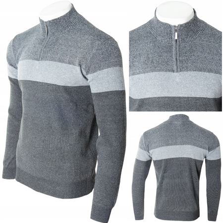 Sweter męski rozpinany wzór w pasy krótki zamek szary półgolf - Must