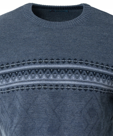 Sweter męski z okrągłym dekoltem niebieski wzór pasy wełna klasyczny - Devir