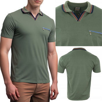 Koszulka męska polo zielona dekolt w serek z kieszenią - POLMSWISS