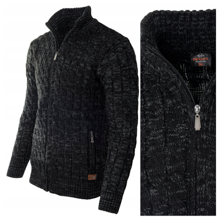 Sweter męski półgolf rozpinany jesienny czarny ze wzorem wełniany ciepły - Devanti 