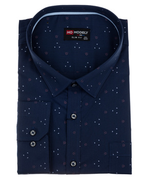 Granatowa koszula z wzorem męska bawełniana z kołnierzykiem długie rękawy duże rozmiary- MODELY