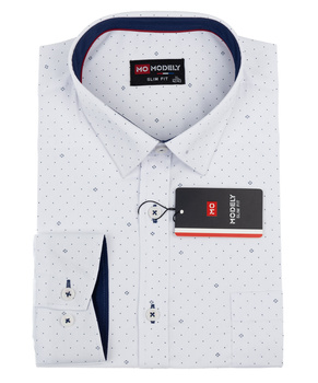 Biała koszula z wzorem i granatowymi wstawkami męska bawełniana z kołnierzykiem długie rękawy- MODELY