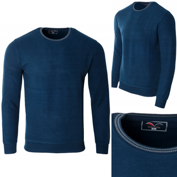 Bluza męska z okrągłym dekoltem pod szyję bawełniana niebieska gładka klasyczna - Reymo