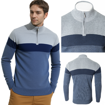 Sweter męski rozpinany krótki zamek szaro-niebieski w pasy półgolf - Must