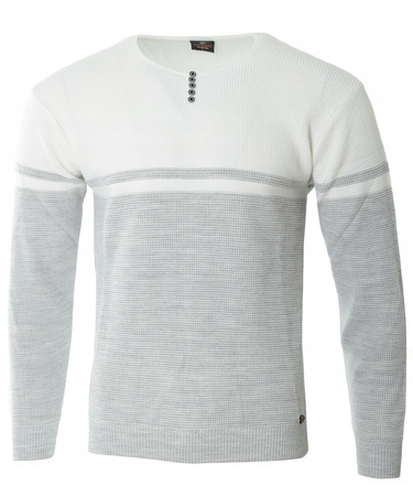 Sweter męski z okrągłym dekoltem z guzikami szaro-popielaty klasyczny - Devanti