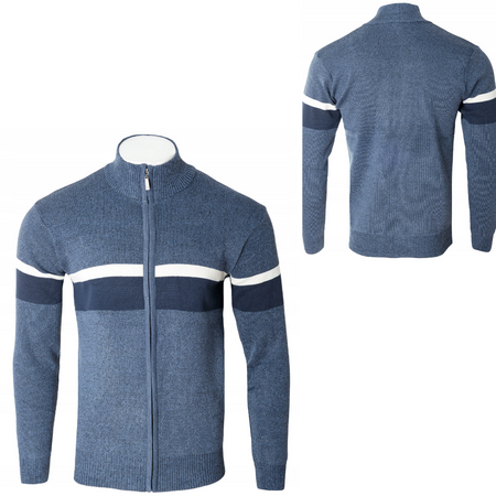 Sweter męski rozpinany jesienny ciemno-niebieski paski - Must