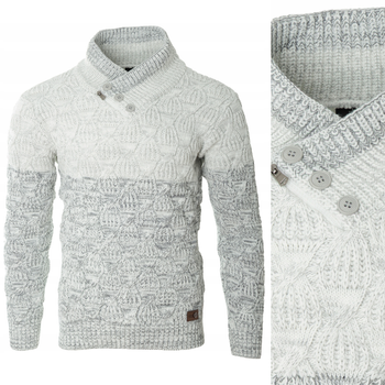 Sweter męski z okrągłym dekoltem zapięcie na krótki zamek i guziki szary klasyczny - Devanti