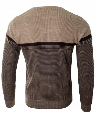 Sweter męski z okrągłym dekoltem na krótki zamek brązowy klasyczny - Devanti