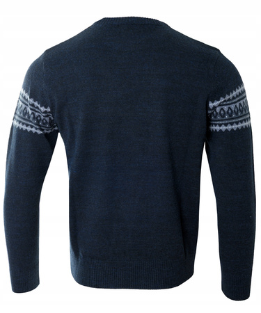 Sweter męski z okrągłym dekoltem granatowy wzór pasy wełna klasyczny - Devir