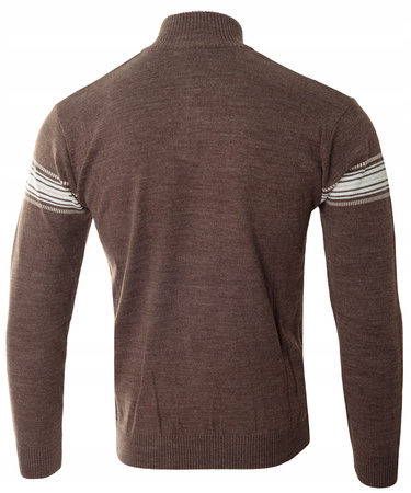 Sweter męski półgolf krótki zamek wełniany brązowy pasy klasyczny - Devanti
