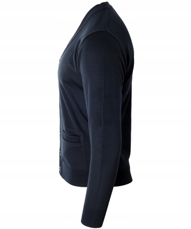 Sweter męski kardigan zapinany na guziki jesienny V-dekolt granatowy gładki wełniany - Devir Orme