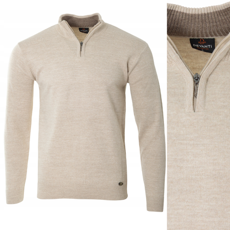 Sweter męski półgolf krótkie zapięcie na zamek beżowy gładki klasyczny - Devanti