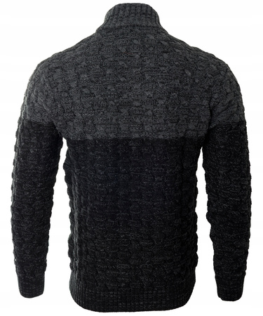 Sweter męski półgolf na krótki zamek jesienny czarno-szary ze wzorem wełniany ciepły - Devanti