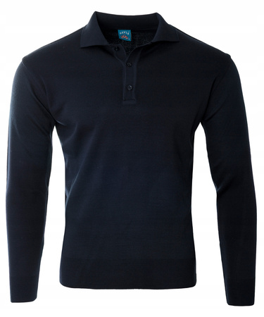 Sweter męski ciemno-granatowy z kołnierzykiem na guziki ze ściągaczami wełna gładki Devir Orme