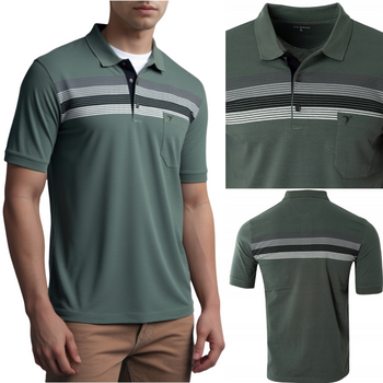 Koszulka męska polo zielona w paski bawełniana dekolt z guzikami kołnierz wiosenna - Reymo
