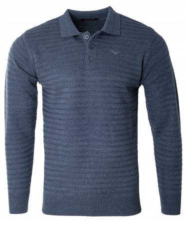 Bluza męska z kołnierzykiem polo na guziki niebieska wzór w pasy ze ściągaczami bawełniana - Reymo