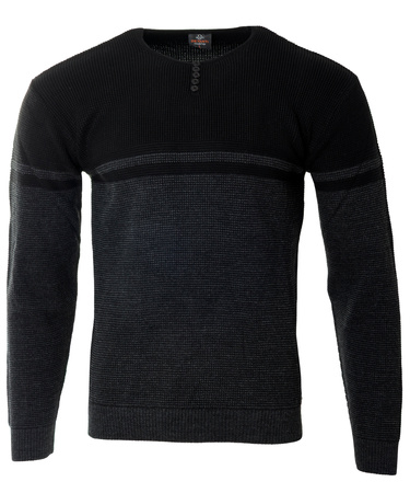 Sweter męski z okrągłym dekoltem z guzikami szaro-czarny klasyczny - Devanti