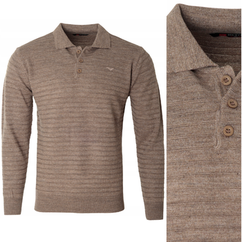 Bluza męska z kołnierzykiem polo na guziki brązowa wzór w pasy ze ściągaczami bawełniana - Reymo