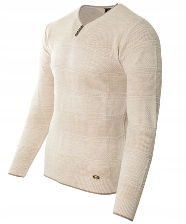 Sweter męski z okrągłym dekoltem krótkie zapięcie na guziki jasno-beżowy pasy klasyczny - Devanti