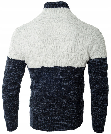 Sweter męski z okrągłym dekoltem zapięcie na krótki zamek i guziki granatowo-biały klasyczny - Devanti