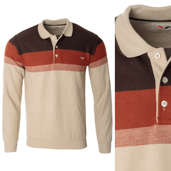 Bluza męska brązowo-beżowa z kołnierzykiem polo na guziki ze ściągaczami bawełniana - Reymo