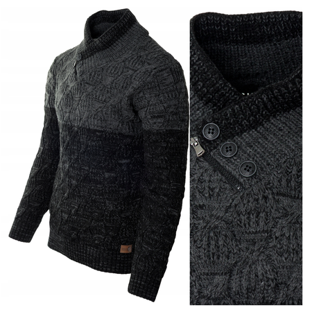 Sweter męski z okrągłym dekoltem zapięcie na krótki zamek i guziki czarny klasyczny - Devanti