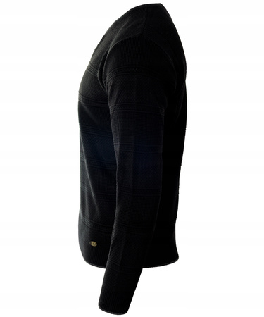 Sweter męski z okrągłym dekoltem krótkie zapięcie na guziki czarny pasy klasyczny - Devanti