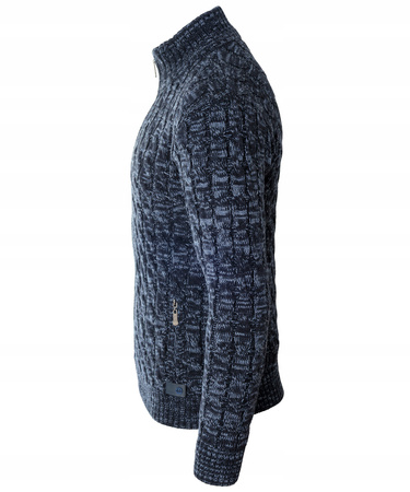 Sweter męski półgolf rozpinany jesienny granatowy ze wzorem wełniany ciepły - Devanti