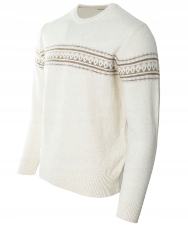 Sweter męski z okrągłym dekoltem beżowy wzór pasy wełna klasyczny - Devir