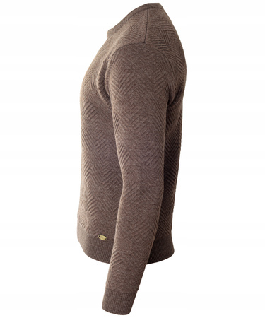 Sweter męski z okrągłym dekoltem ciemno-brązowy wzór wełniany klasyczny - Devanti