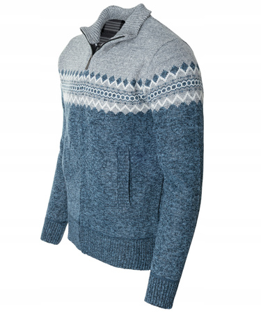 Sweter męski rozpinany ocieplany polarem jesienny niebiesko-szary wzorem 
