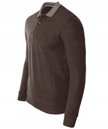 Bluza męska ciemno-brązowa gładka z kołnierzykiem polo na guziki ze ściągaczami bawełniana - Reymo