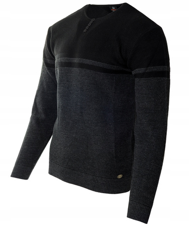 Sweter męski z okrągłym dekoltem z guzikami szaro-czarny klasyczny - Devanti