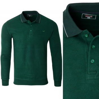 Bluza męska ciemno-zielona gładka z kołnierzykiem polo na guziki ze ściągaczami bawełniana - Reymo