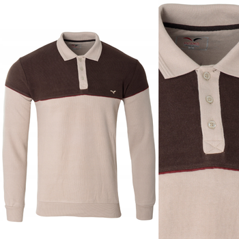 Bluza męska brązowo-beżowa z kołnierzykiem polo na guziki ze ściągaczami bawełna - Reymo