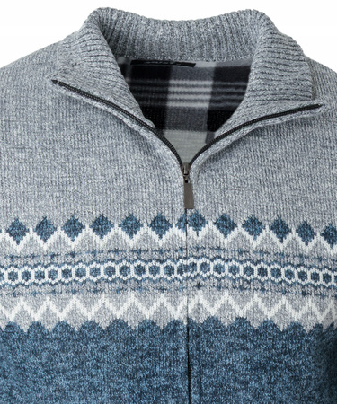 Sweter męski rozpinany ocieplany polarem jesienny niebiesko-szary wzorem 