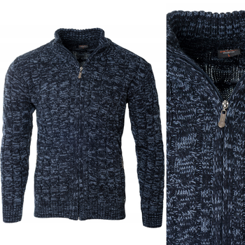 Sweter męski półgolf rozpinany jesienny granatowy ze wzorem wełniany ciepły - Devanti
